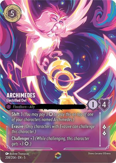 Archimedes Electrified Owl Enchanted 208/204 Shimmering Skies Lorcana card