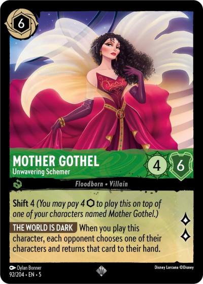 Mother Gothel Unwavering Schemer 92/204 Shimmering Skies Lorcana card
