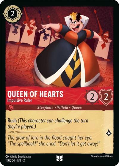 Queen of Hearts Impulsive Ruler 119/204 Rise of the Floodborn Lorcana card